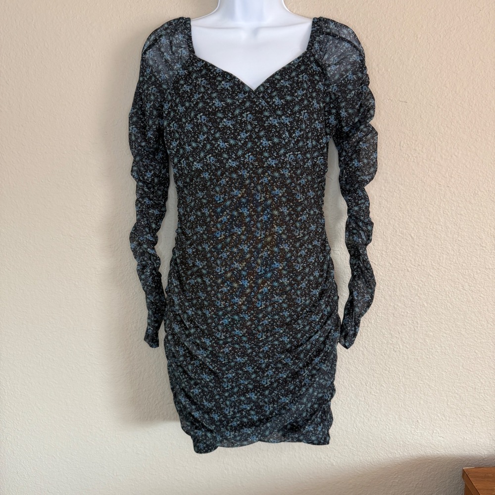 Hollister Medium Mini Dress Blue Floral Babydoll Bodycon Sheer Sleeve Milkmaid